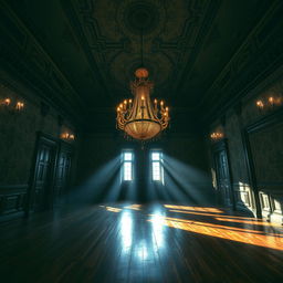 A striking portrait of a beautiful yet old creepy mansion hall, showcasing a dark and gloomy atmosphere interspersed with bright lighting that creates a captivating contrast