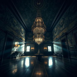 A striking portrait of a beautiful yet old creepy mansion hall, showcasing a dark and gloomy atmosphere interspersed with bright lighting that creates a captivating contrast
