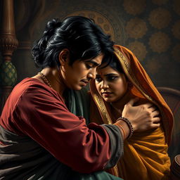 A dramatic and emotional scene depicting the complex relationship between a mother and her son, set in a culturally rich Desi environment
