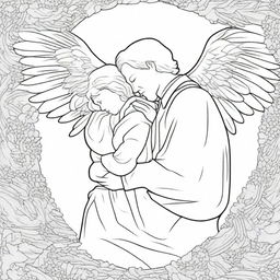 A deeply touching colouring book page illustrating a guardian angel enveloping a cowboy in a protective embrace.