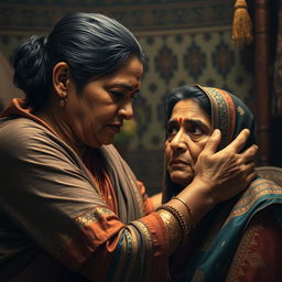 A dramatic and emotional scene depicting the complex relationship between a mother and her son, set in a culturally rich Desi environment