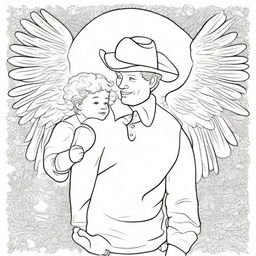 A deeply touching colouring book page illustrating a guardian angel enveloping a cowboy in a protective embrace.