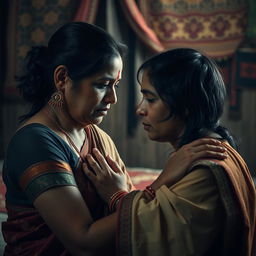 A dramatic and emotional scene depicting the complex relationship between a mother and her son, set in a culturally rich Desi environment