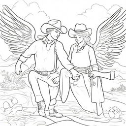 A colouring book page depicting a compassionate angel spreading its wings protectively over a rugged cowboy.