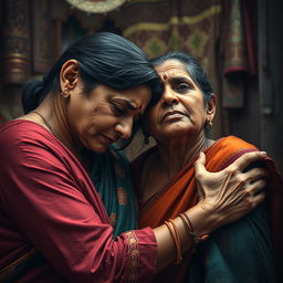 A dramatic and emotional scene depicting the complex relationship between a mother and her son, set in a culturally rich Desi environment