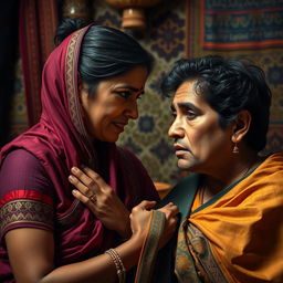 A dramatic and emotional scene depicting the complex relationship between a mother and her son, set in a culturally rich Desi environment