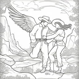 A colouring book page depicting a compassionate angel spreading its wings protectively over a rugged cowboy.