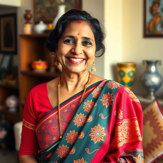 A portrait of a charming and confident Desi mother, showcasing her vibrant personality and cultural attire