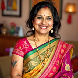 A portrait of a charming and confident Desi mother, showcasing her vibrant personality and cultural attire