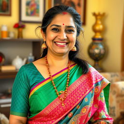 A portrait of a charming and confident Desi mother, showcasing her vibrant personality and cultural attire