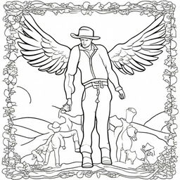 A colouring book page depicting a compassionate angel spreading its wings protectively over a rugged cowboy.