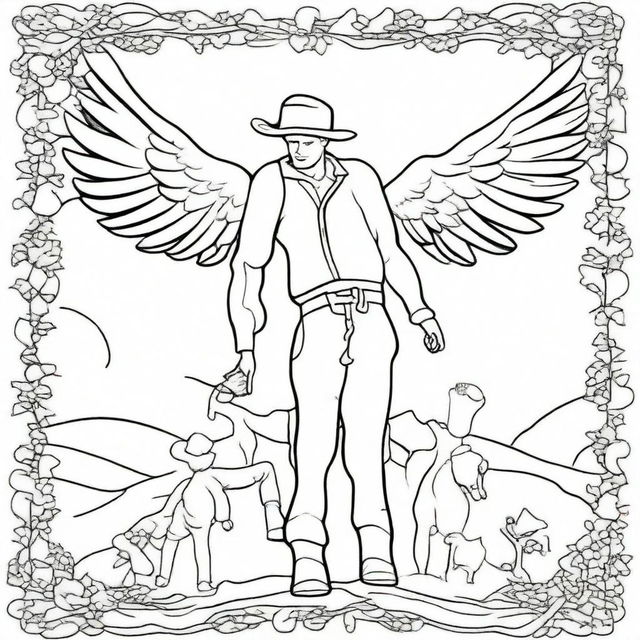 A colouring book page depicting a compassionate angel spreading its wings protectively over a rugged cowboy.