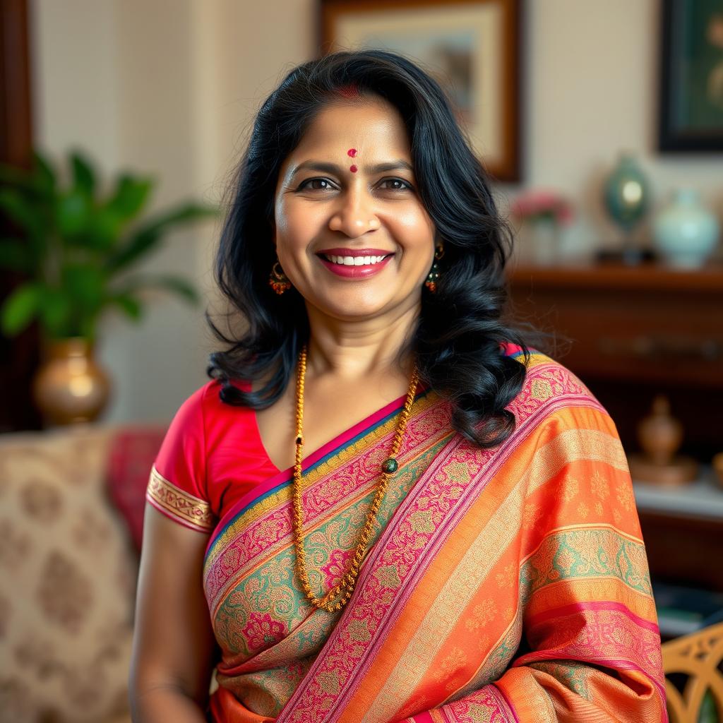 A portrait of a charming and confident Desi mother, showcasing her vibrant personality and cultural attire