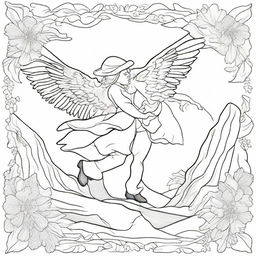 A colouring book page depicting a compassionate angel spreading its wings protectively over a rugged cowboy.