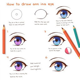 A step-by-step illustration of how to draw an anime eye, featuring clean and precise lines
