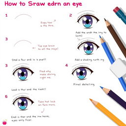A step-by-step illustration of how to draw an anime eye, featuring clean and precise lines