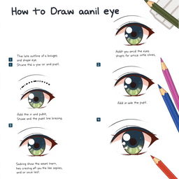 A step-by-step illustration of how to draw an anime eye, featuring clean and precise lines