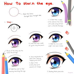 A step-by-step illustration of how to draw an anime eye, featuring clean and precise lines