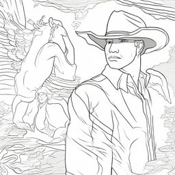 A soul-stirring colouring book page depicting a cowboy, oblivious to the angel hovering protectively behind him.