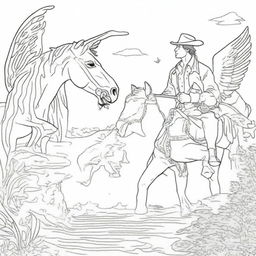 A soul-stirring colouring book page depicting a cowboy, oblivious to the angel hovering protectively behind him.