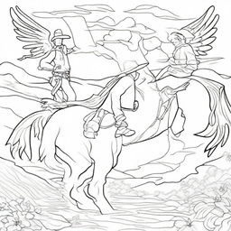 A soul-stirring colouring book page depicting a cowboy, oblivious to the angel hovering protectively behind him.