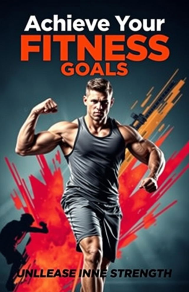 An inspiring fitness cover design featuring a muscular athlete in motion, demonstrating a powerful workout routine