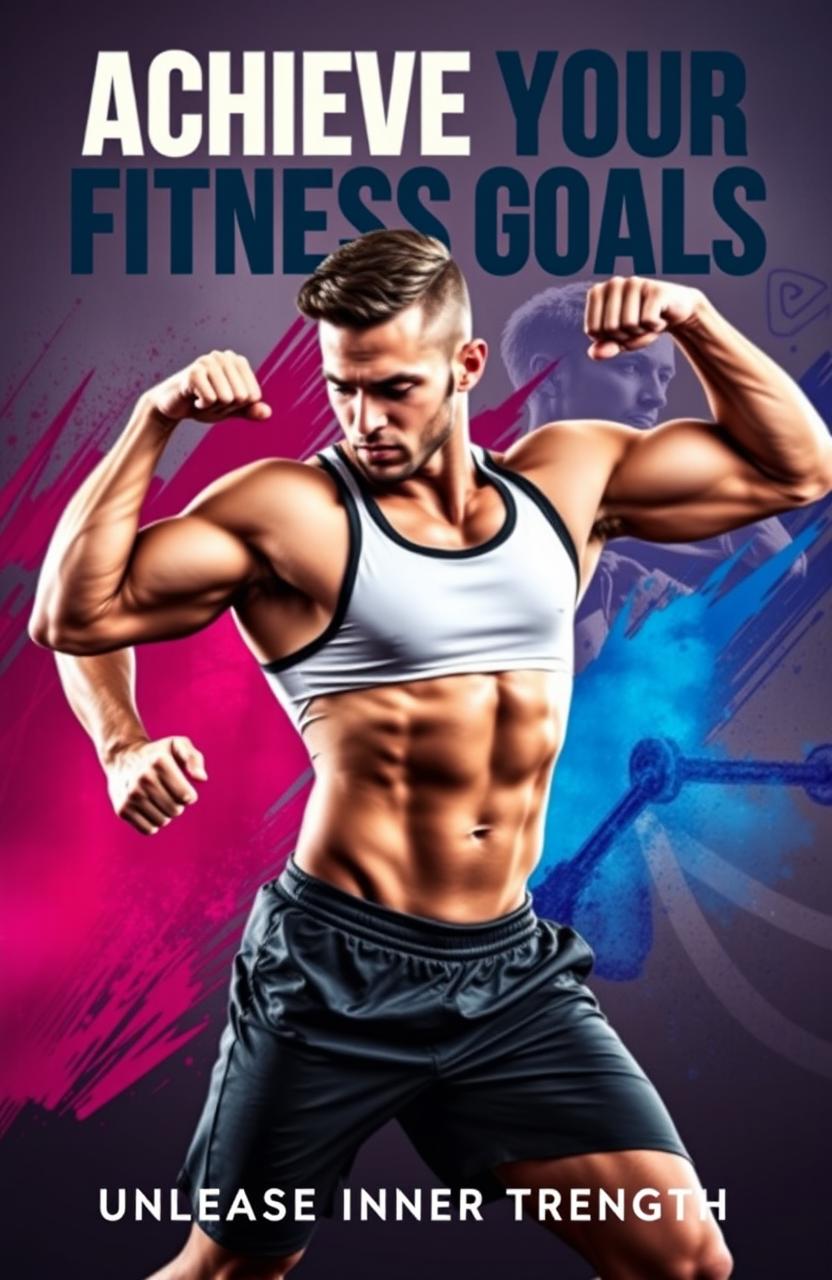 An inspiring fitness cover design featuring a muscular athlete in motion, demonstrating a powerful workout routine