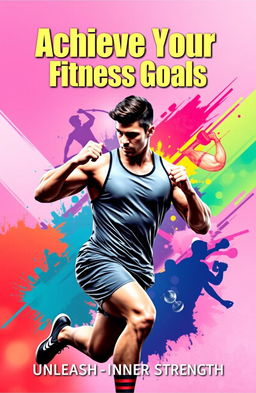 An inspiring fitness cover design featuring a muscular athlete in motion, demonstrating a powerful workout routine