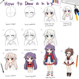 A detailed step-by-step guide on how to draw an anime girl, divided into 9 distinct steps