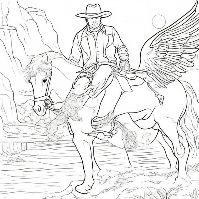 A soul-stirring colouring book page depicting a cowboy, oblivious to the angel hovering protectively behind him.