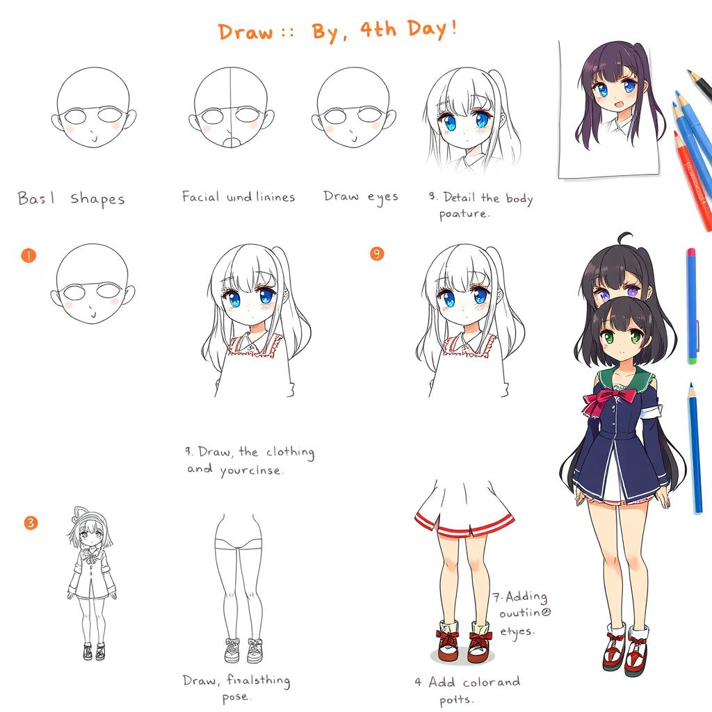 A detailed step-by-step guide on how to draw an anime girl, divided into 9 distinct steps