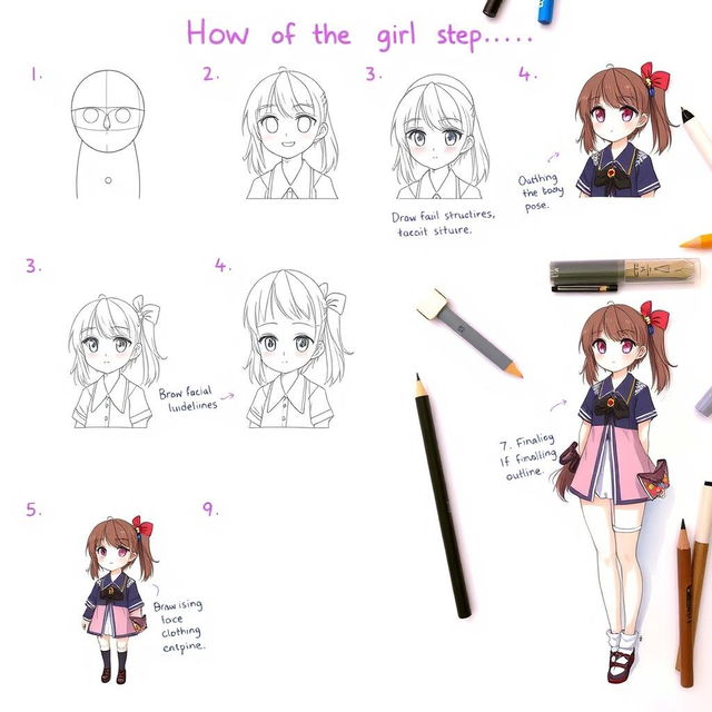 A detailed step-by-step guide on how to draw an anime girl, divided into 9 distinct steps