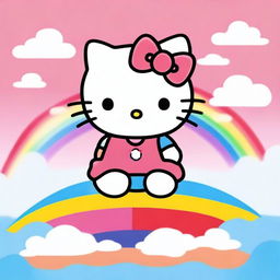 An image of Hello Kitty sitting on a rainbow with a clear blue sky in the background.