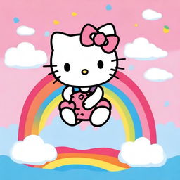 An image of Hello Kitty sitting on a rainbow with a clear blue sky in the background.