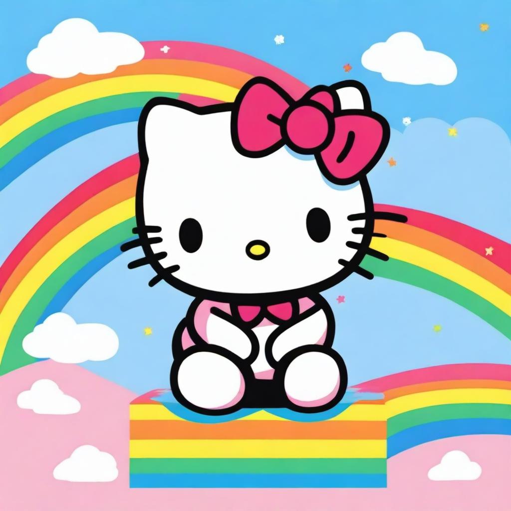 An image of Hello Kitty sitting on a rainbow with a clear blue sky in the background.