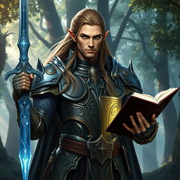 A majestic high elf male knight in a detailed, ornate armor that glimmers with arcane runes