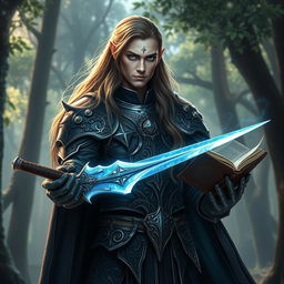 A majestic high elf male knight in a detailed, ornate armor that glimmers with arcane runes