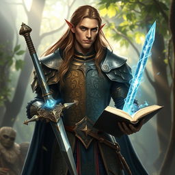 A majestic high elf male knight in a detailed, ornate armor that glimmers with arcane runes