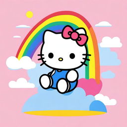 An image of Hello Kitty sitting on a rainbow with a clear blue sky in the background.