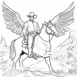 A cowboy oblivious to the angel guard behind him, in the form of an engaging colouring book page.