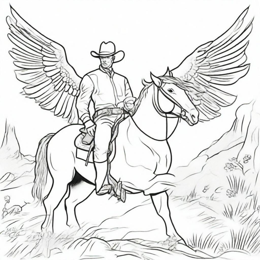 A cowboy oblivious to the angel guard behind him, in the form of an engaging colouring book page.