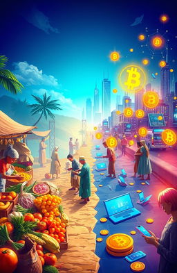 An artistic representation of the transition from barter trade to cryptocurrency