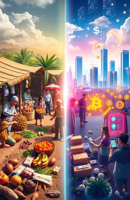 An artistic representation of the transition from barter trade to cryptocurrency