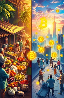 An artistic representation of the transition from barter trade to cryptocurrency