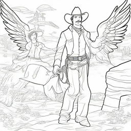 A cowboy oblivious to the angel guard behind him, in the form of an engaging colouring book page.