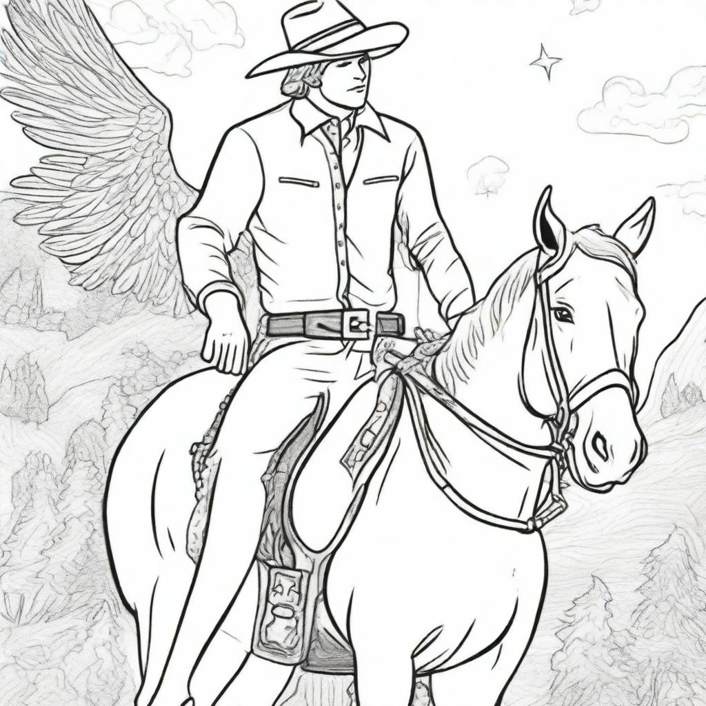 A cowboy oblivious to the angel guard behind him, in the form of an engaging colouring book page.