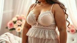 A curvy woman wearing an elegant, sheer babydoll lingerie set that accentuates her voluptuous figure, featuring delicate lace and playful frills