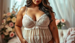 A curvy woman wearing an elegant, sheer babydoll lingerie set that accentuates her voluptuous figure, featuring delicate lace and playful frills