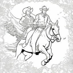 A cowboy oblivious to the angel guard behind him, in the form of an engaging colouring book page.