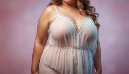 A curvy woman wearing a sheer, transparent babydoll dress that gracefully drapes over her figure, emphasizing her voluptuous curves and ample bosom